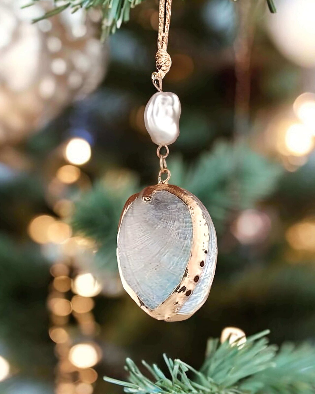 Abalone Shell and Pearl Christmas Tree Ornament.