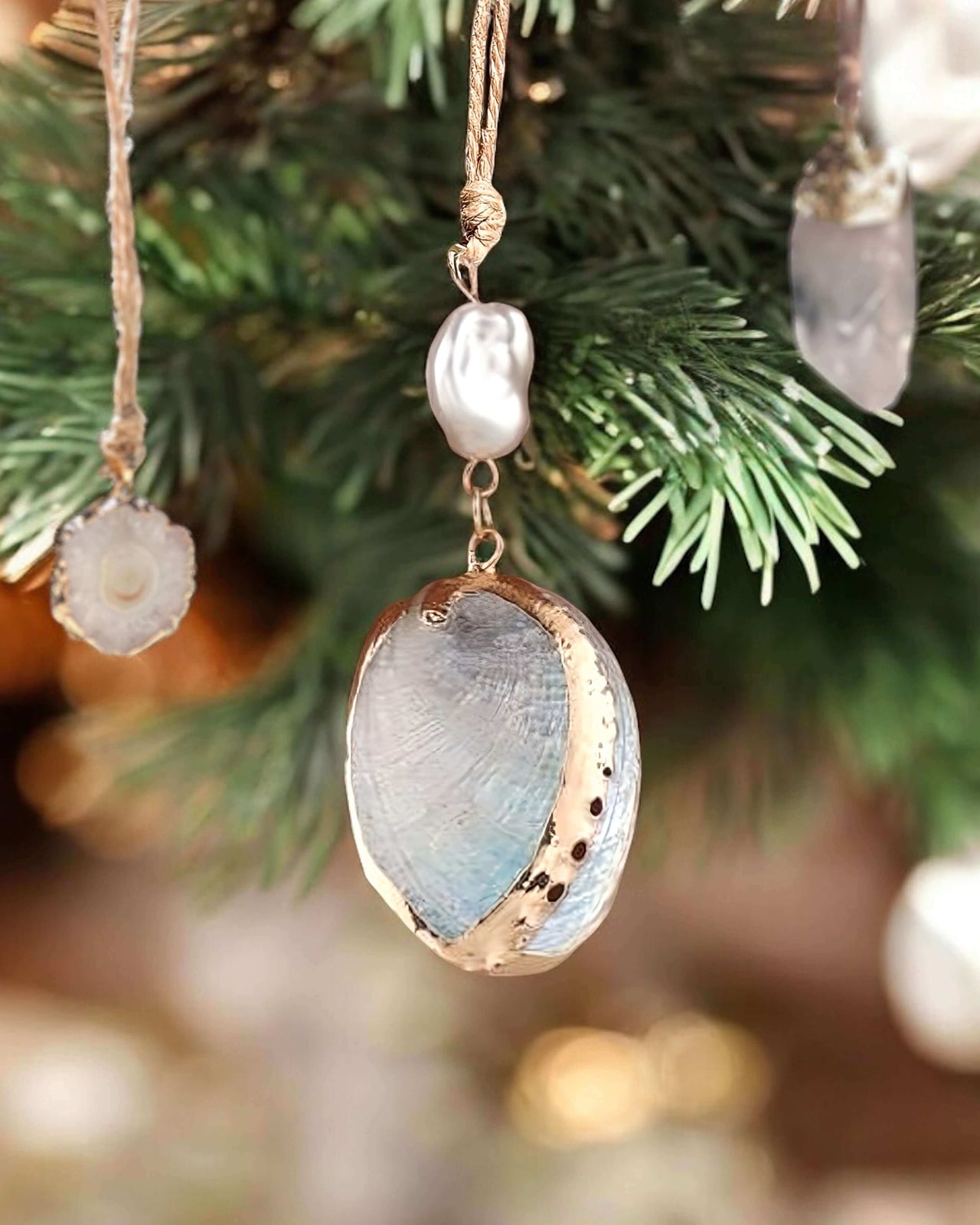 Abalone Shell and Pearl Christmas Tree Ornaments.