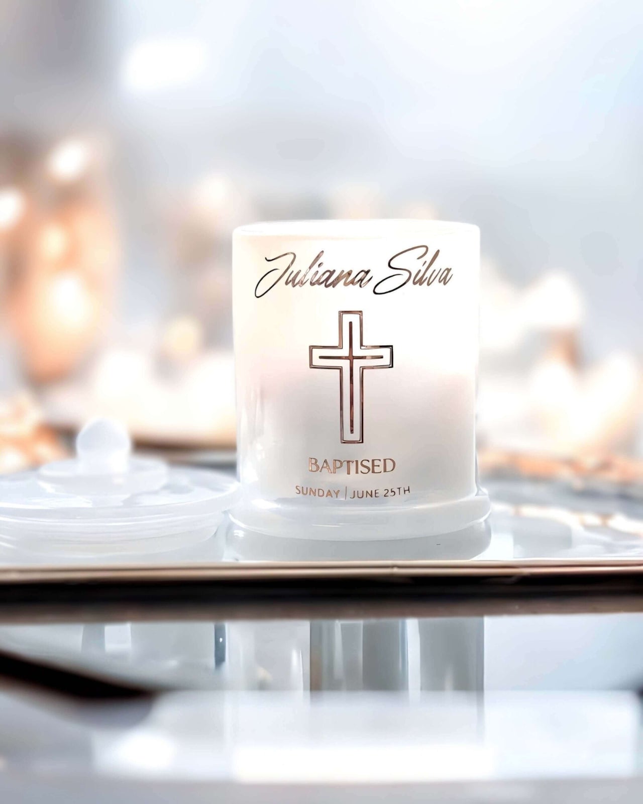 Personalised Baptism candle burning brightly