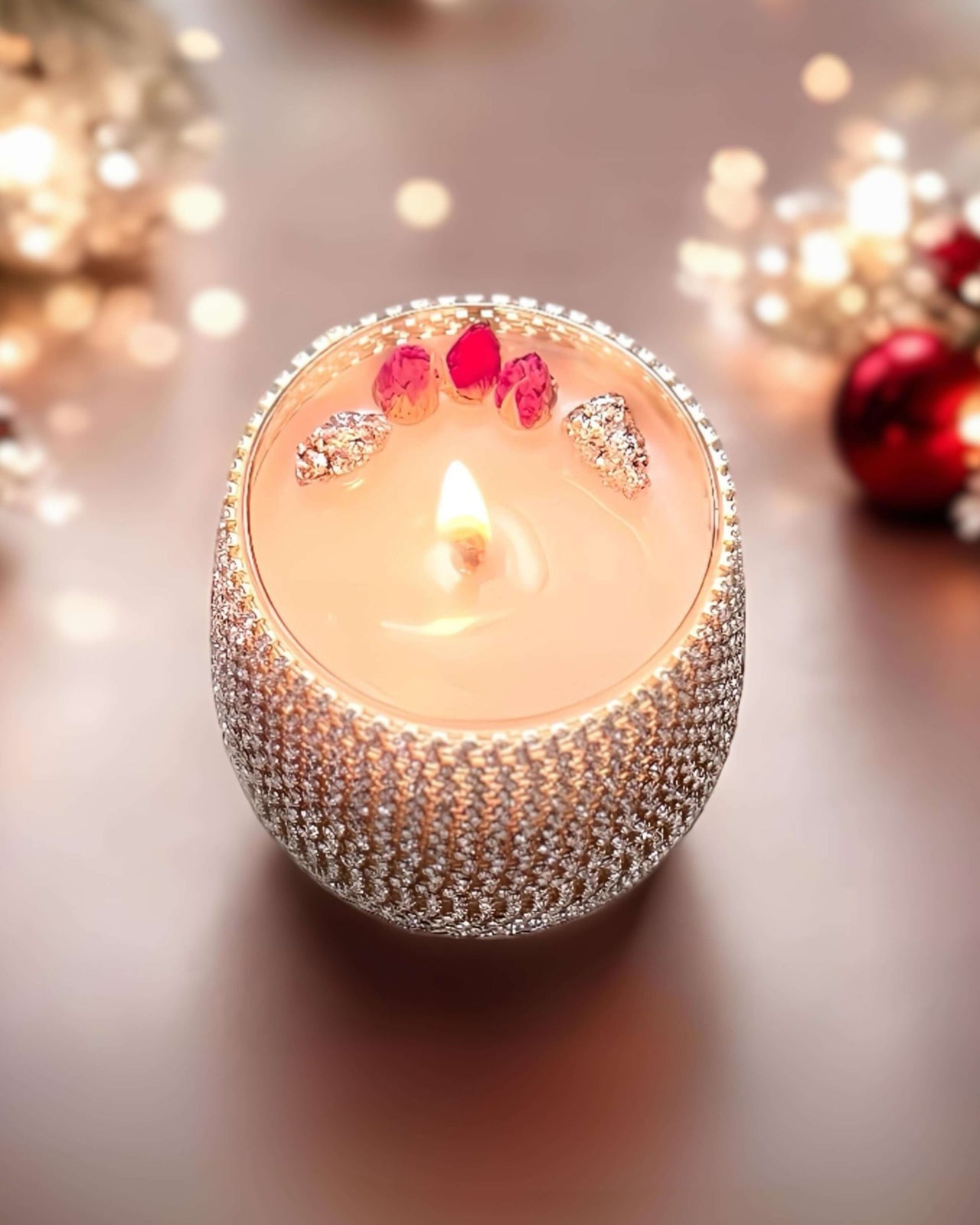 Beautiful Bling Silver Christmas Candle with Pyrite and Rose Buds.