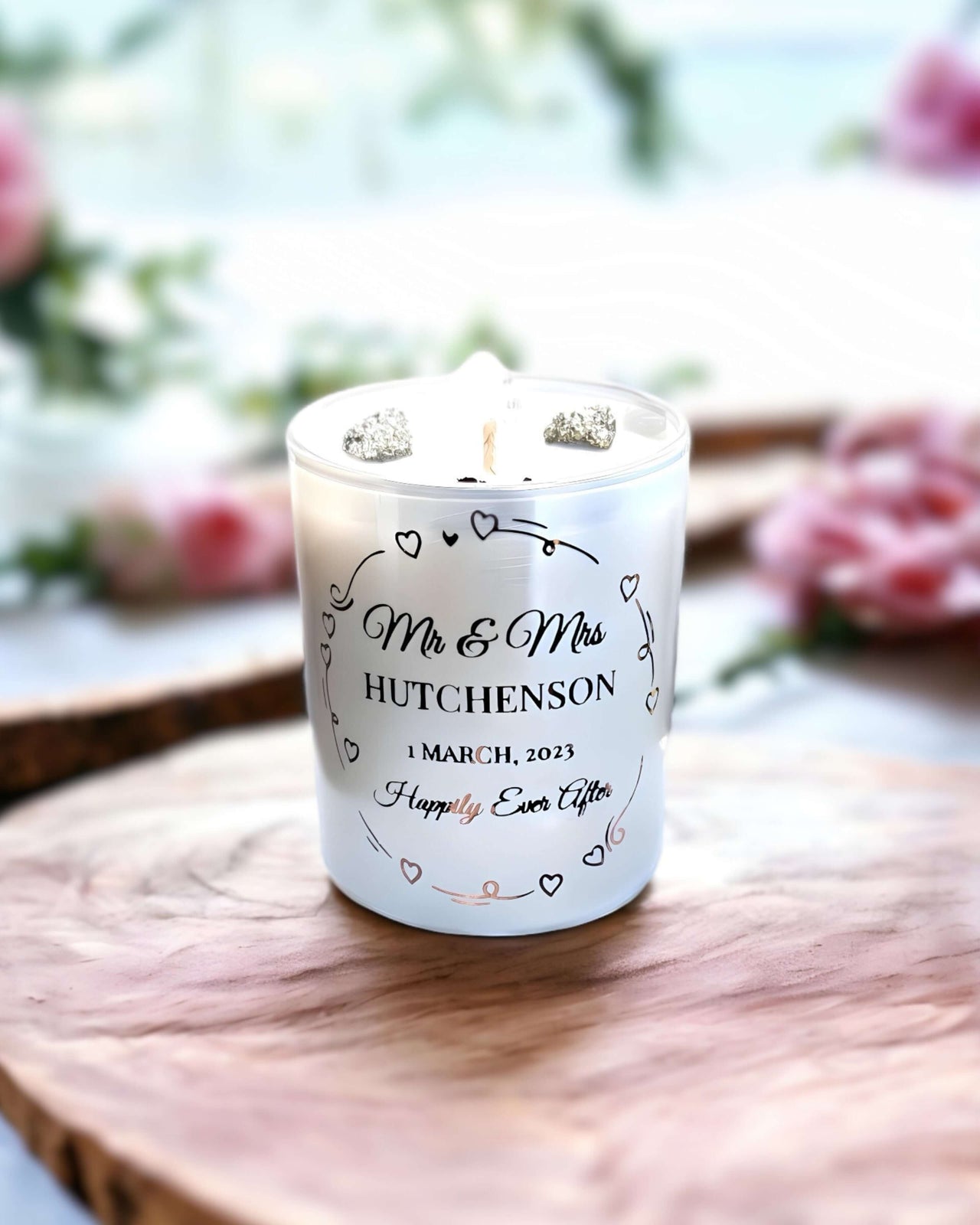 Custom Engagement Wedding Candles - Pearl White