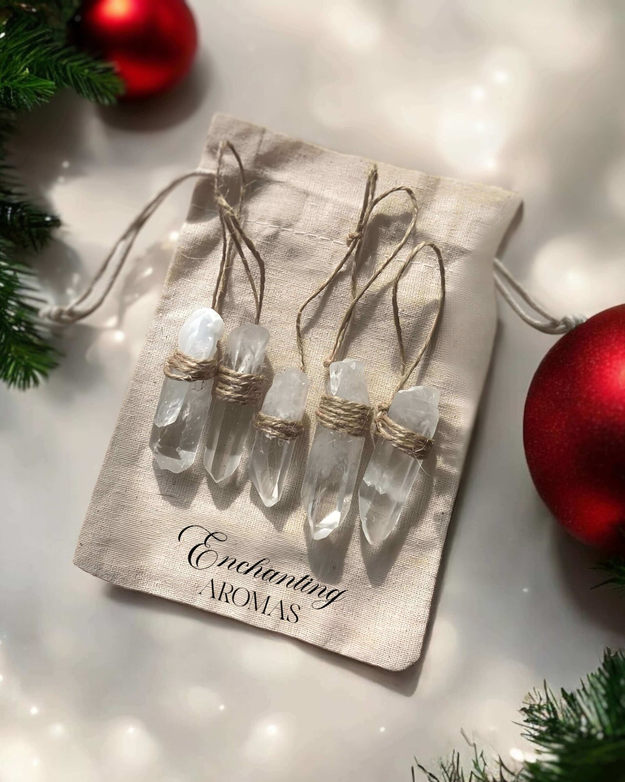 Natural Clear Quartz Christmas Tree Decorations Set of 5 Ornaments.