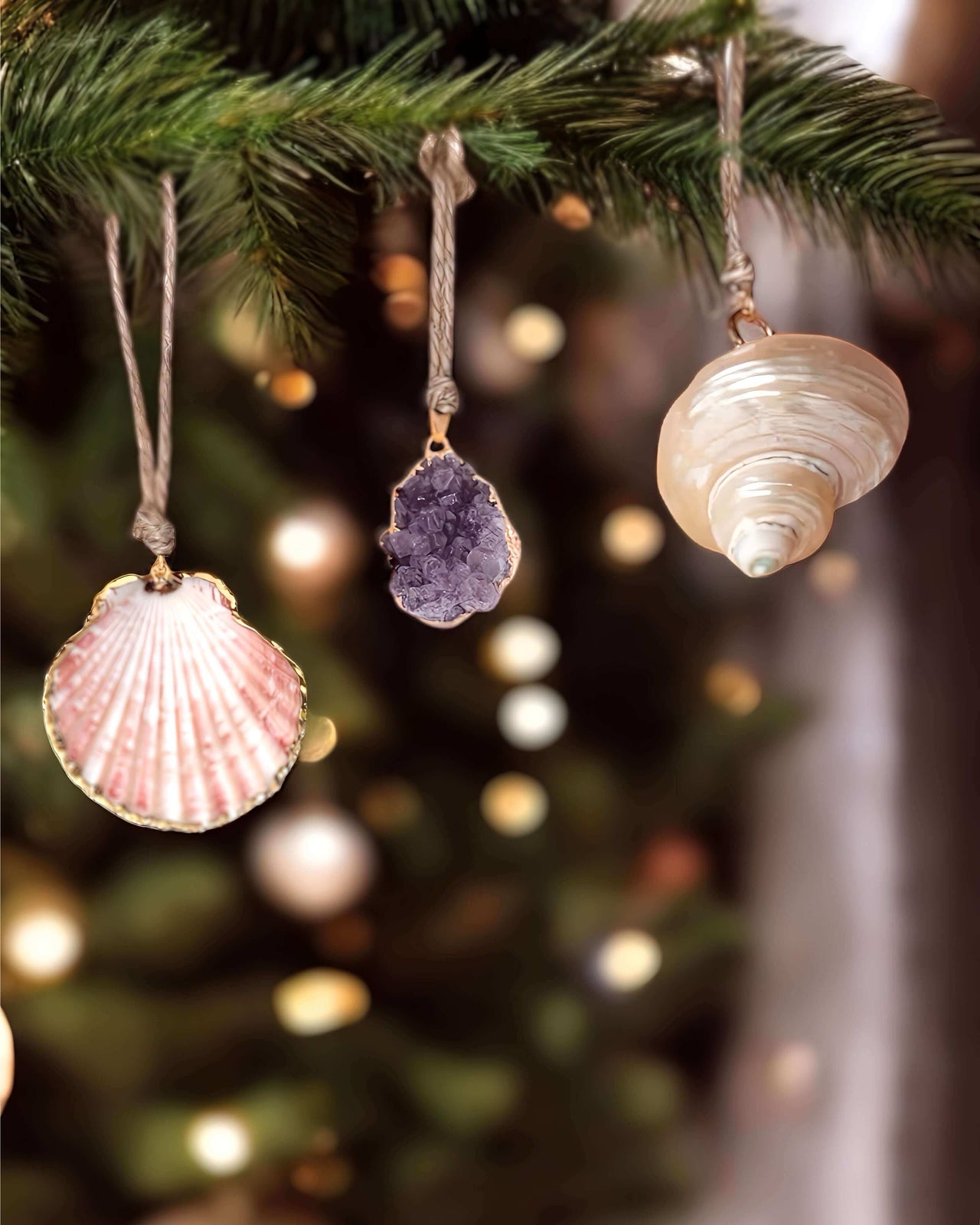 Exquisite Seashell and Amethyst Gemstone Christmas Ornaments.