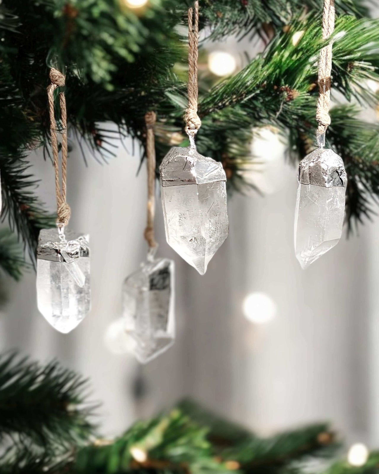 Silver and clear quartz Christmas tree ornaments, gift set of 4