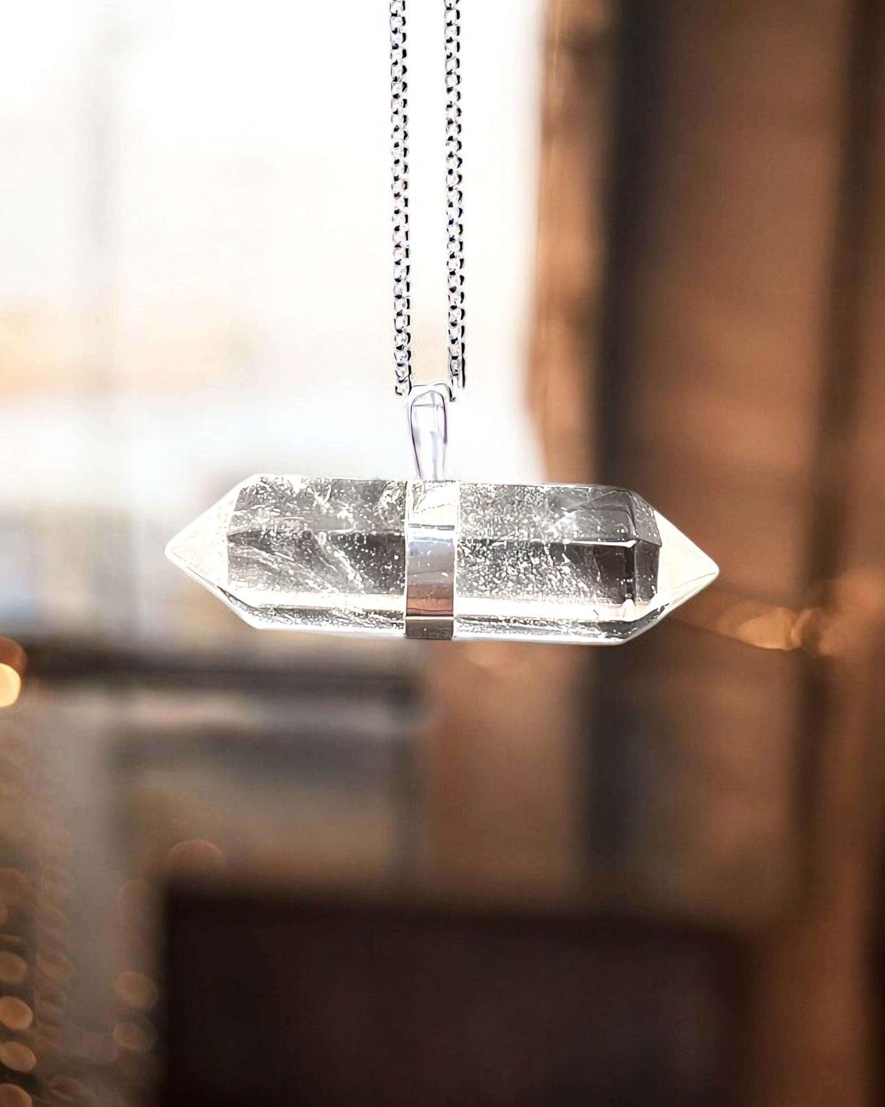 Clear Quartz Double Terminated Sterling Silver Necklace.