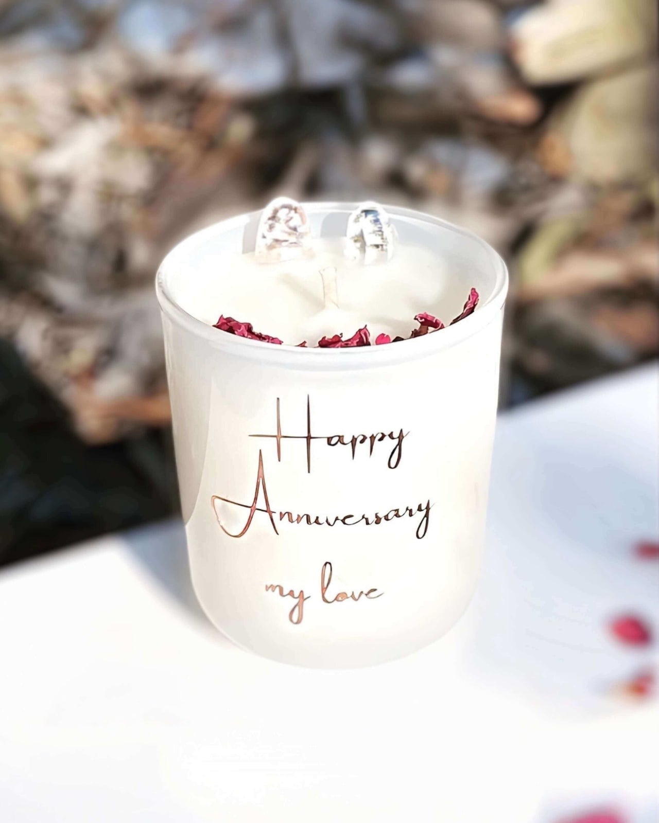 Custom anniversary candles with rose quartz and clear quartz