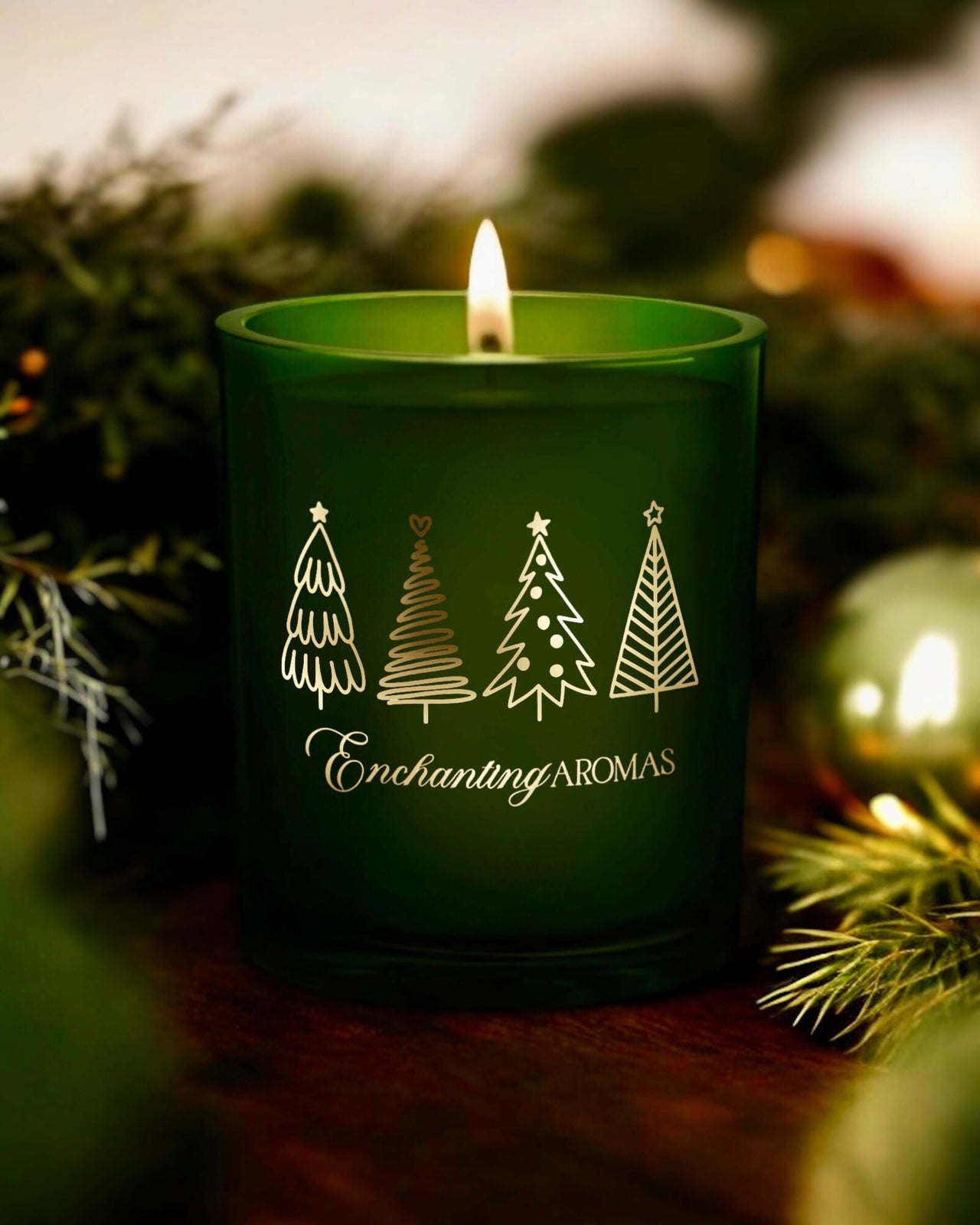 Enchanting Aromas Christmas Candle, a forest green jar and topped with a chic bamboo lid.