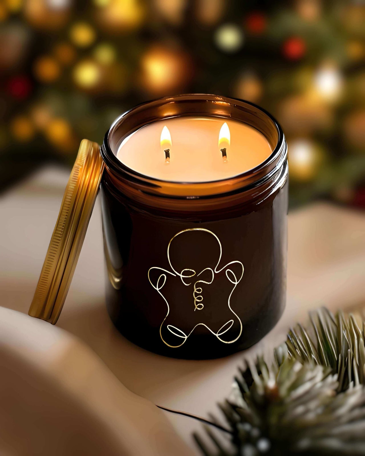 Original jolly gingerbread man Christmas candle in an ambient amber jar