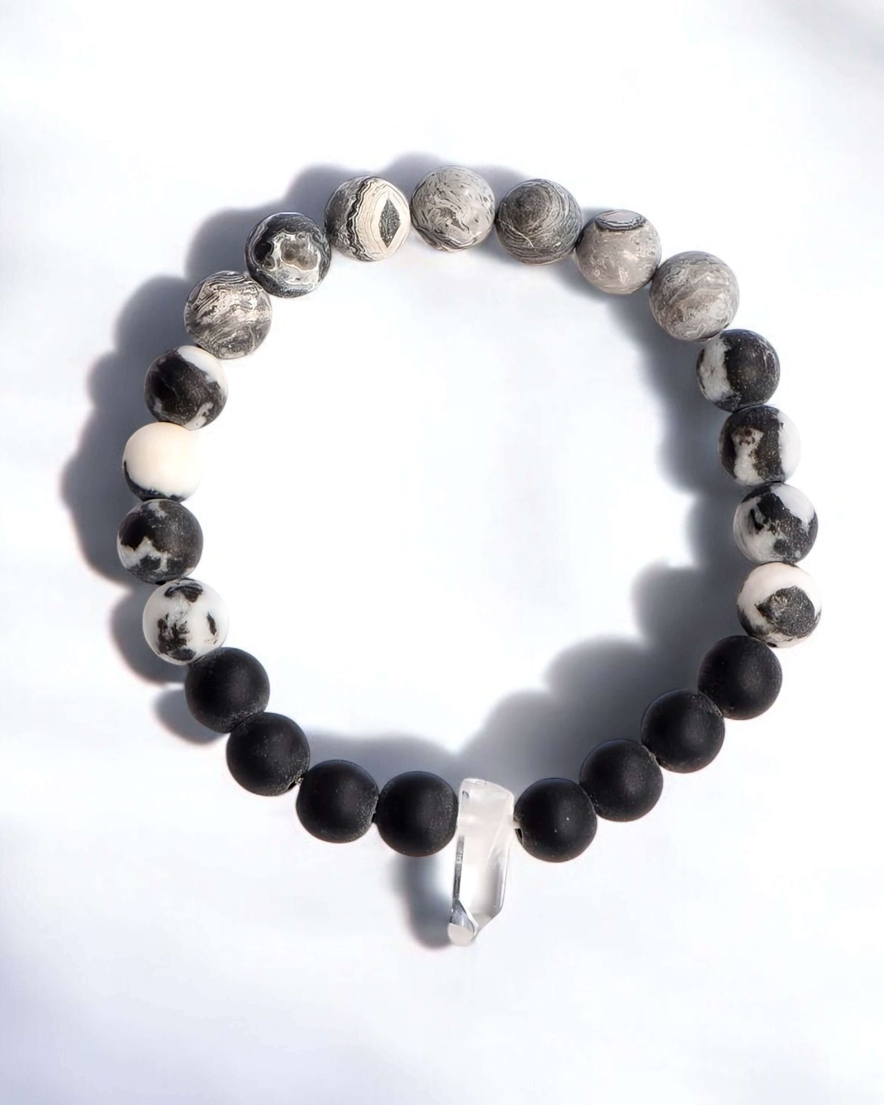 Clear Quartz, Black Obsidian, Tourmaline, and Snowflake Obsidian Bracelet.