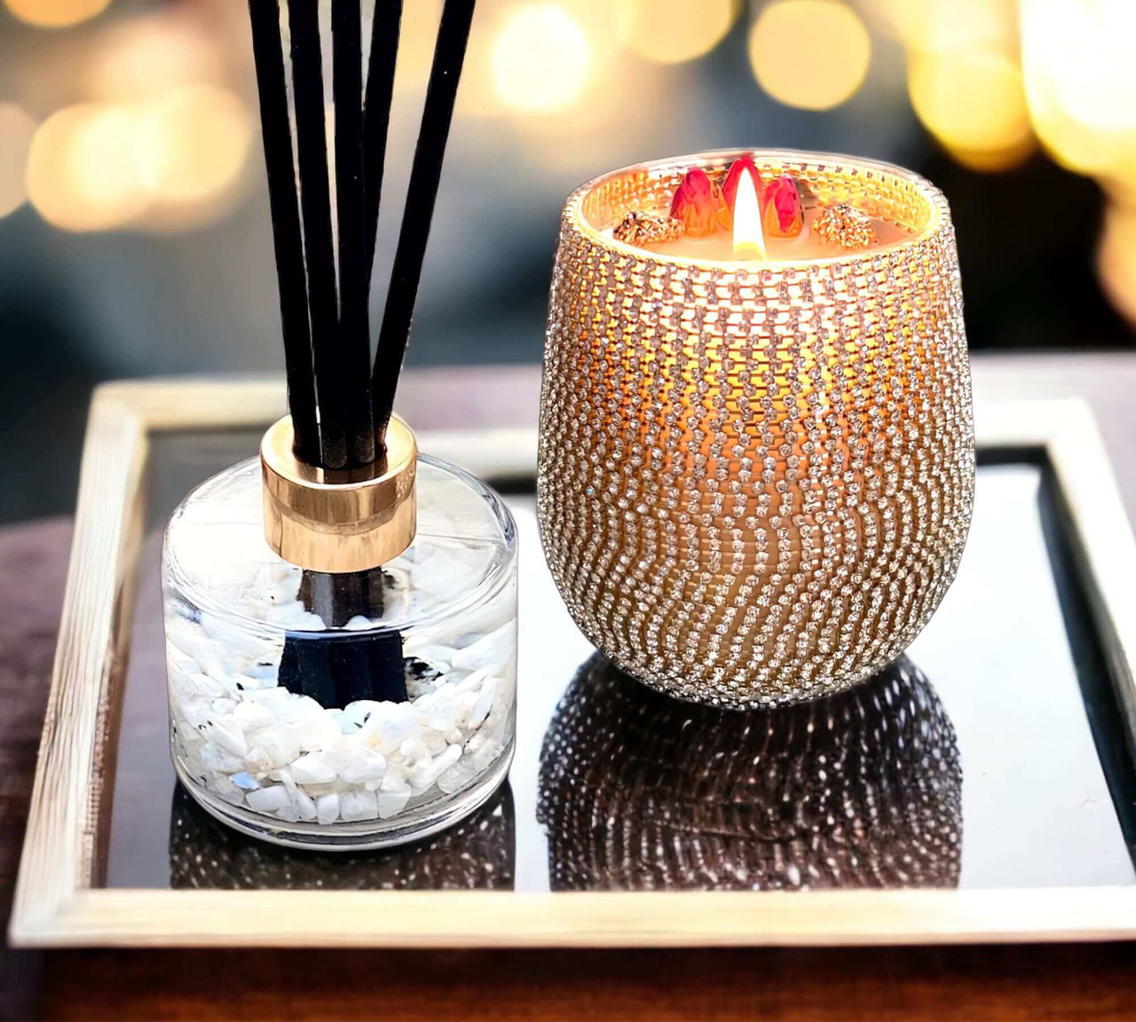 Bling Candle Set - Moonstone Aroma Kit Discover the Beautiful Bling Gift Set with Pyrite & Moonstone. An elegant home fragrance kit for a luxurious and aromatic experience. $97.00