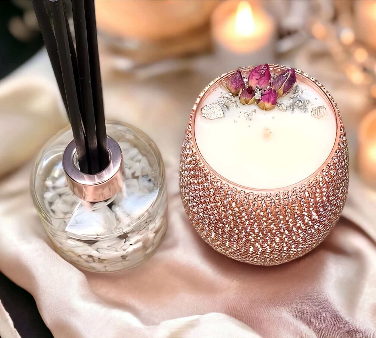 Bling Candle Set - Moonstone Aroma Kit Discover the Beautiful Bling Gift Set with Pyrite & Moonstone. An elegant home fragrance kit for a luxurious and aromatic experience. $97.00