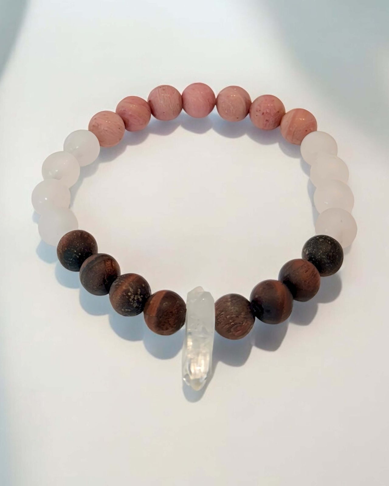 Clear Quartz, Red Tiger Eye, Rose Quartz, and Chinese Rhodonite Bracelet.