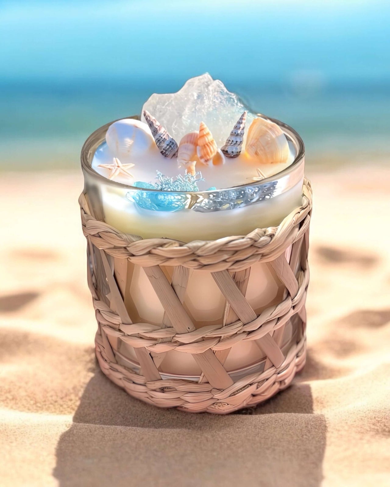 Oceanic Dream Candle with Seashells and Clear Quartz inside.