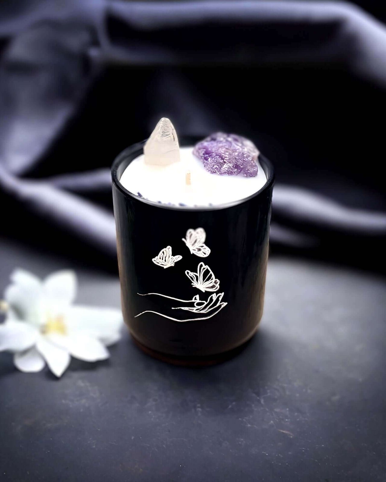 Butterfly Candles with Amethyst and Clear Quartz