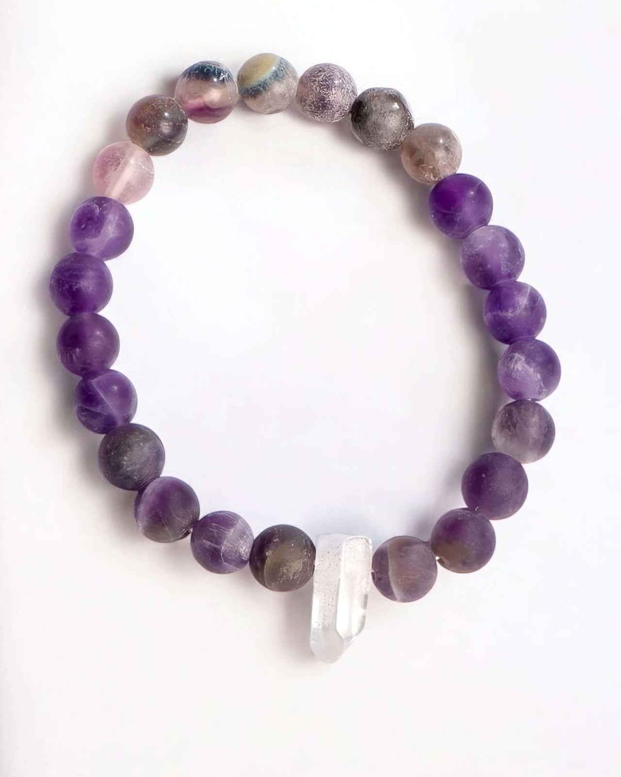 Clear Quartz, Chevron Amethyst, Amethyst, and Purple Fluorite bracelet.