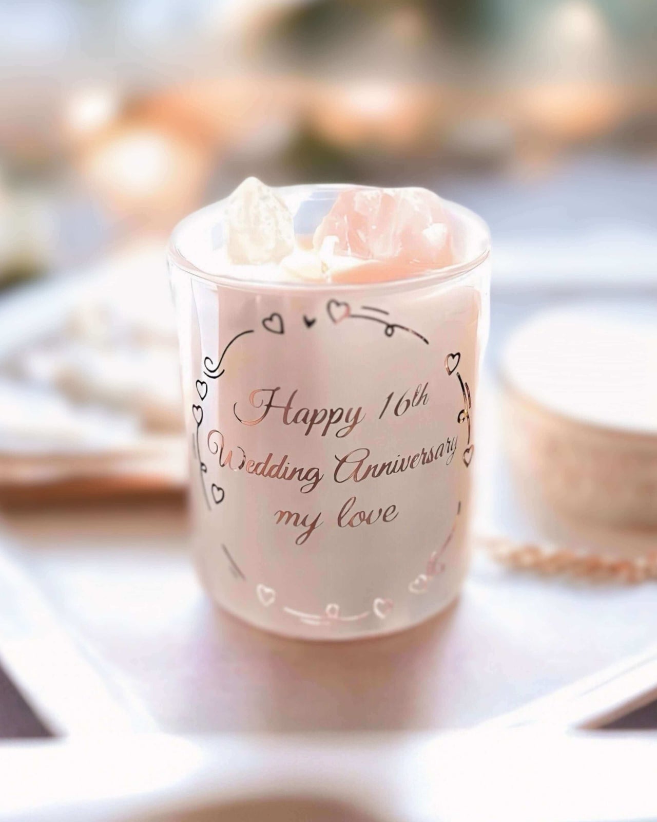 Personalised Pearl White Anniversary Candle | Rose Quartz Crystal Candle - Afterpay