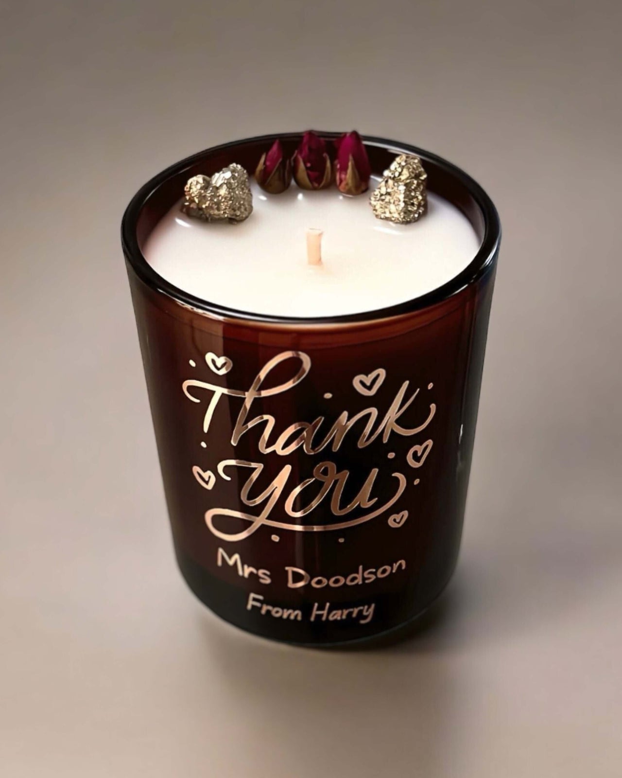 Show your appreciation with our Personalised Thank You Candles with Pyrite gemstones.