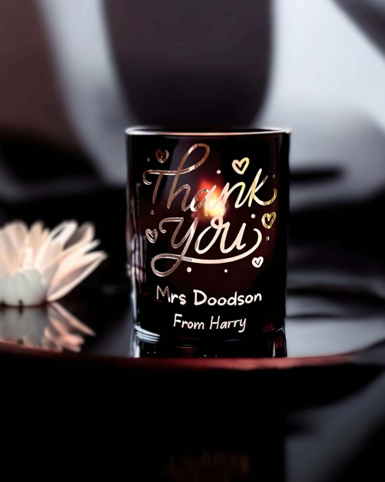 Show your appreciation with our Personalised Thank You Candles with Pyrite gemstones inside.