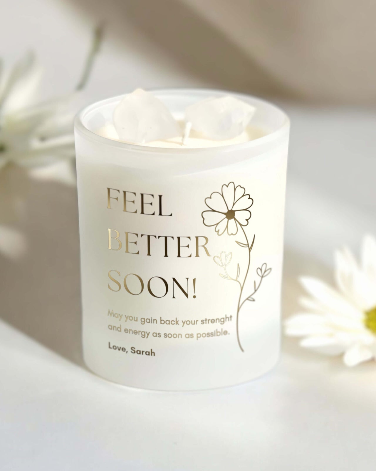 Personalised Feel Better Soon Candles with Clear Quartz crystals inside.