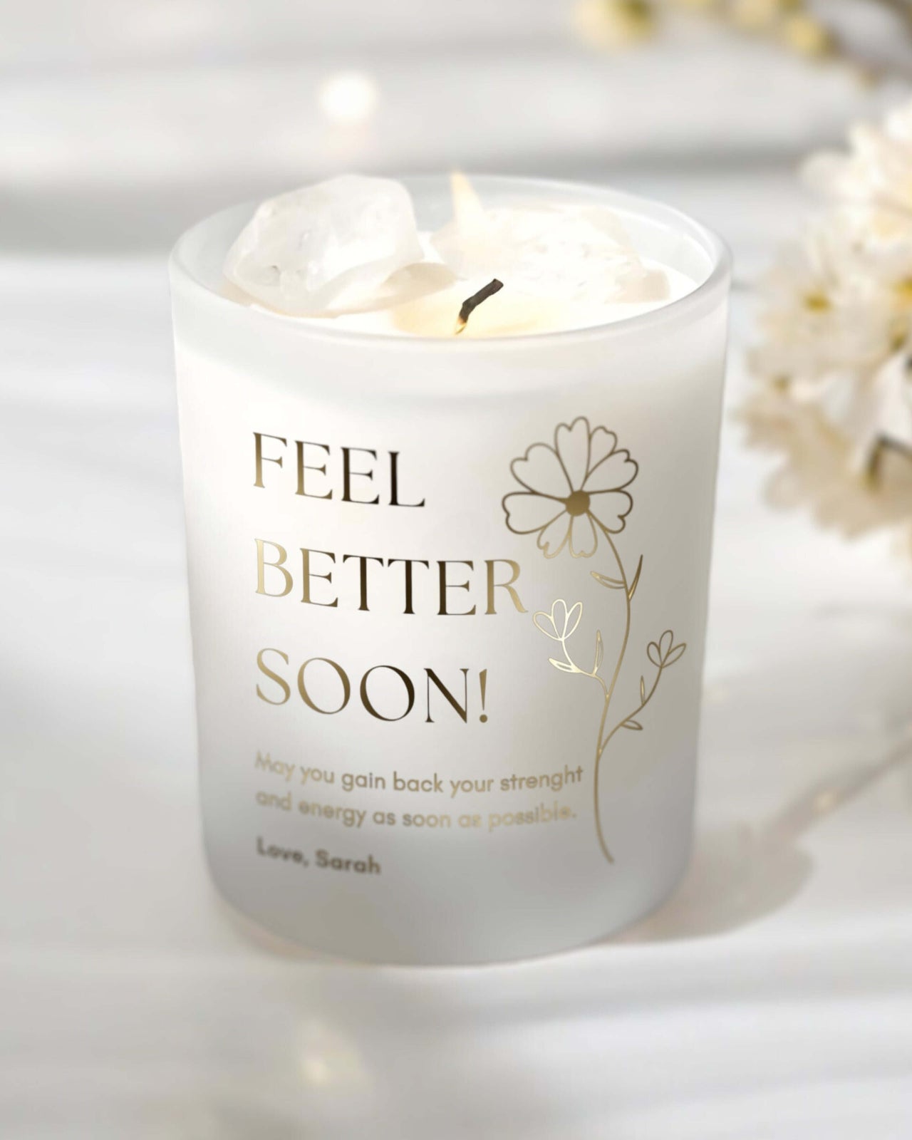 Personalised Feel Better Soon Candles with Clear Quartz crystals inside.