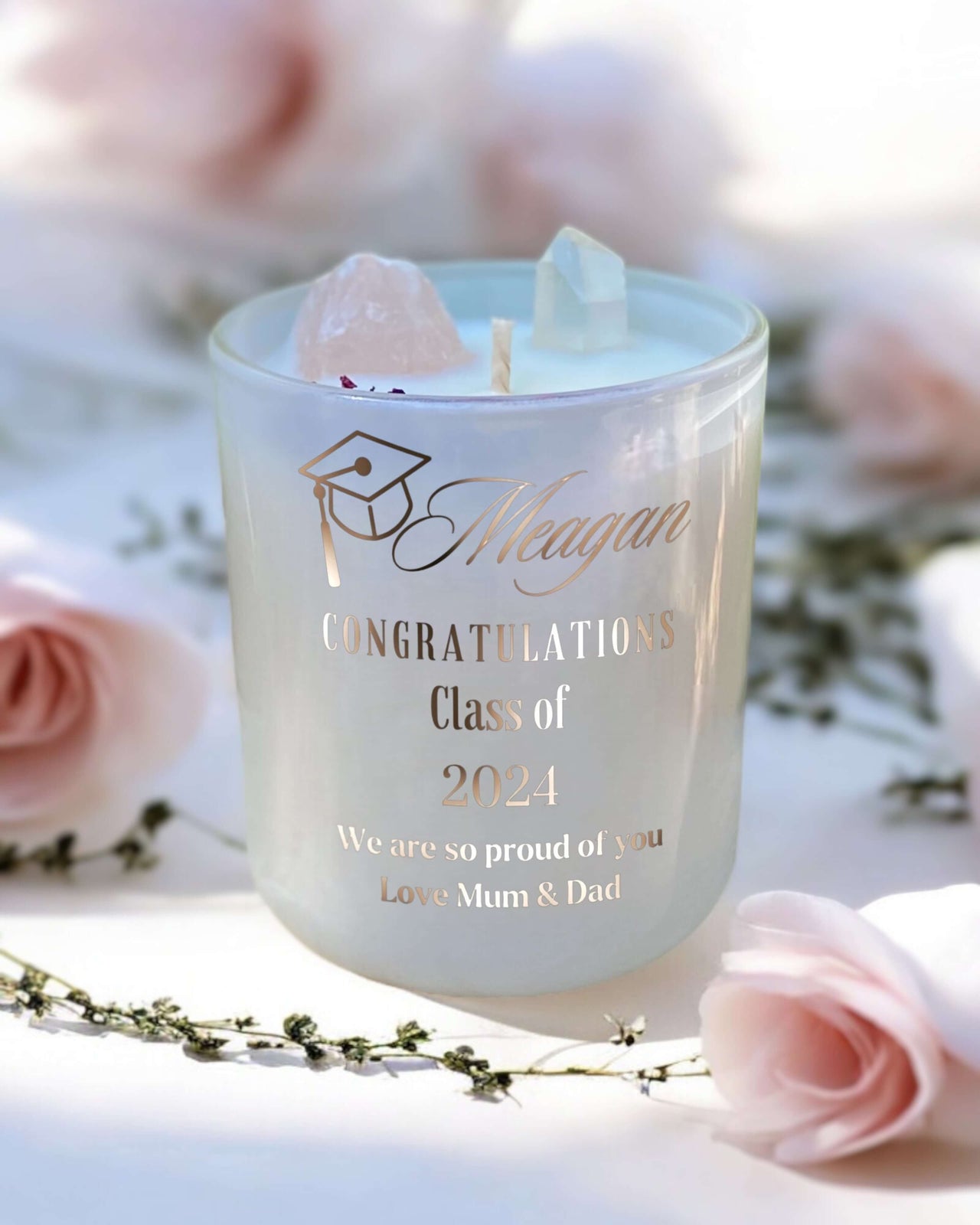 Personalised Graduation Candle with rose quartz and clear quartz inside.