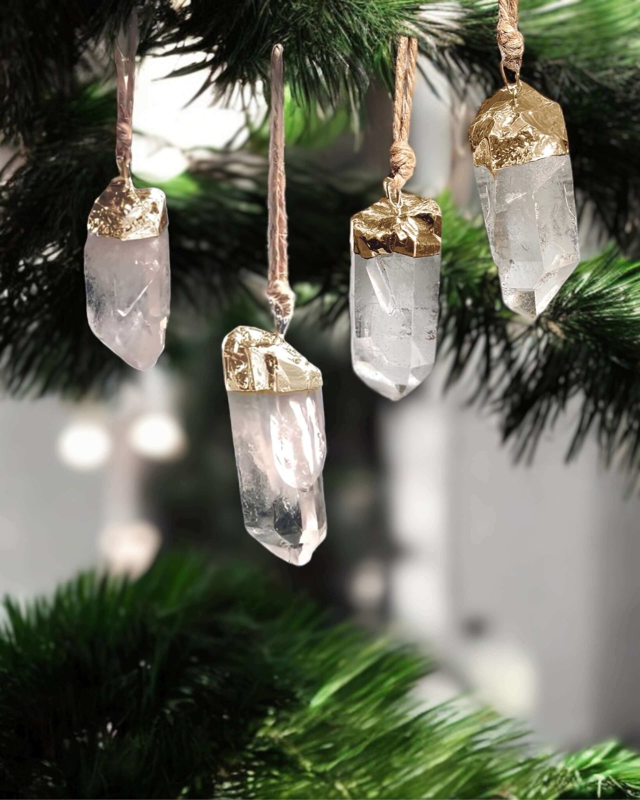 Gold and clear quartz Christmas tree ornaments, gift set of 4