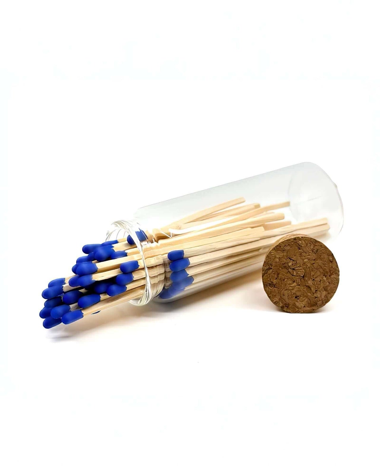 Stylish royal blue multicoloured matches come in a mini apothecary jar