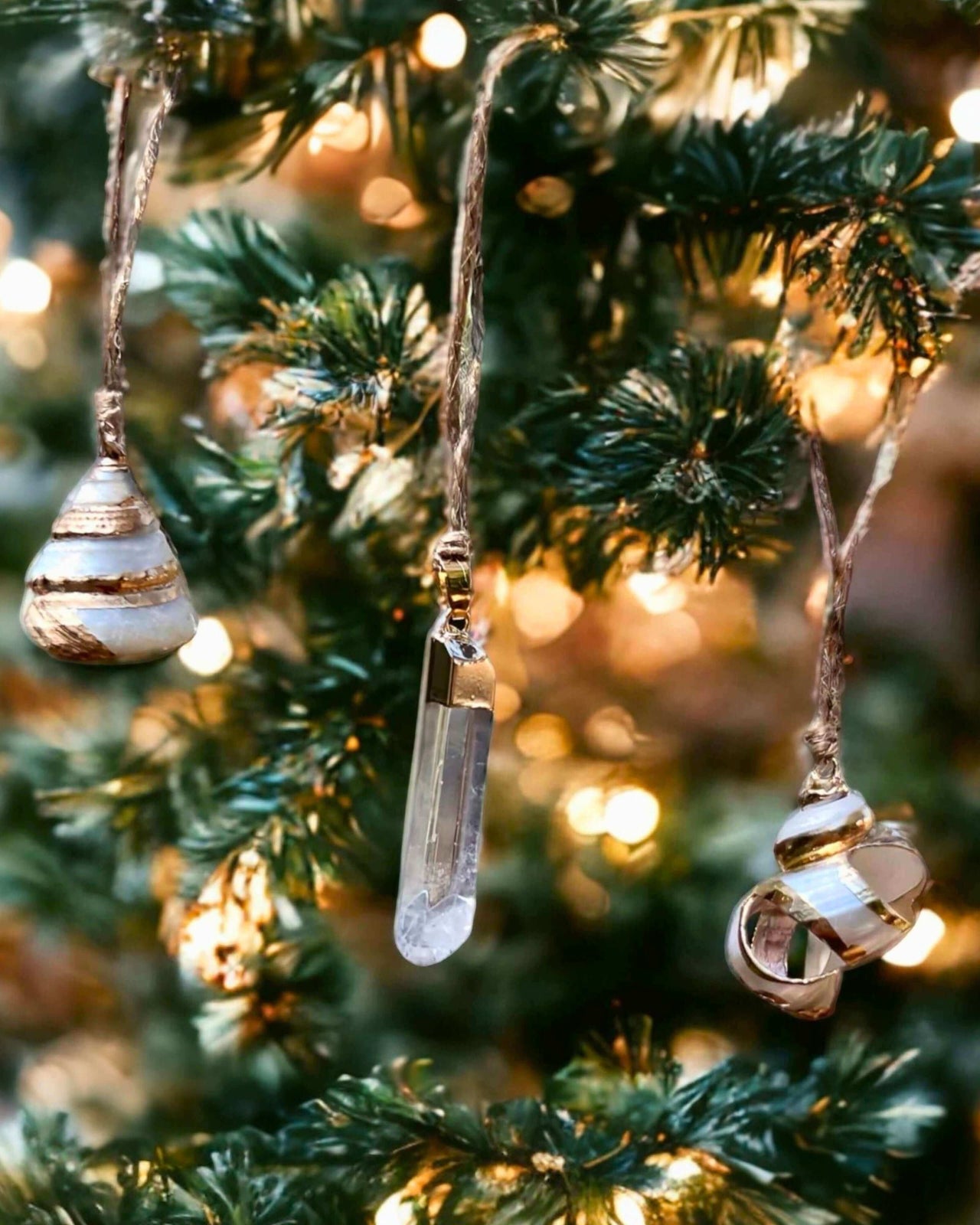 Seashell and Clear Quartz Christmas Tree Ornaments. Pack of three.