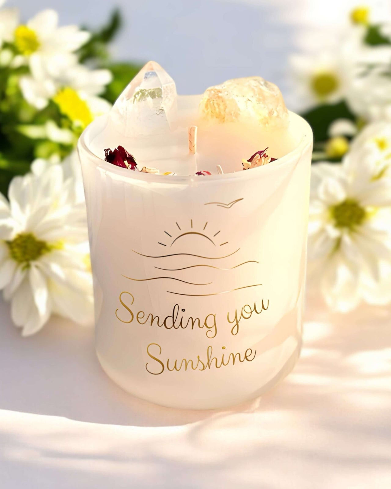 Sending you Sunshine Candle with Citrine and Clear Quartz crystals inside.