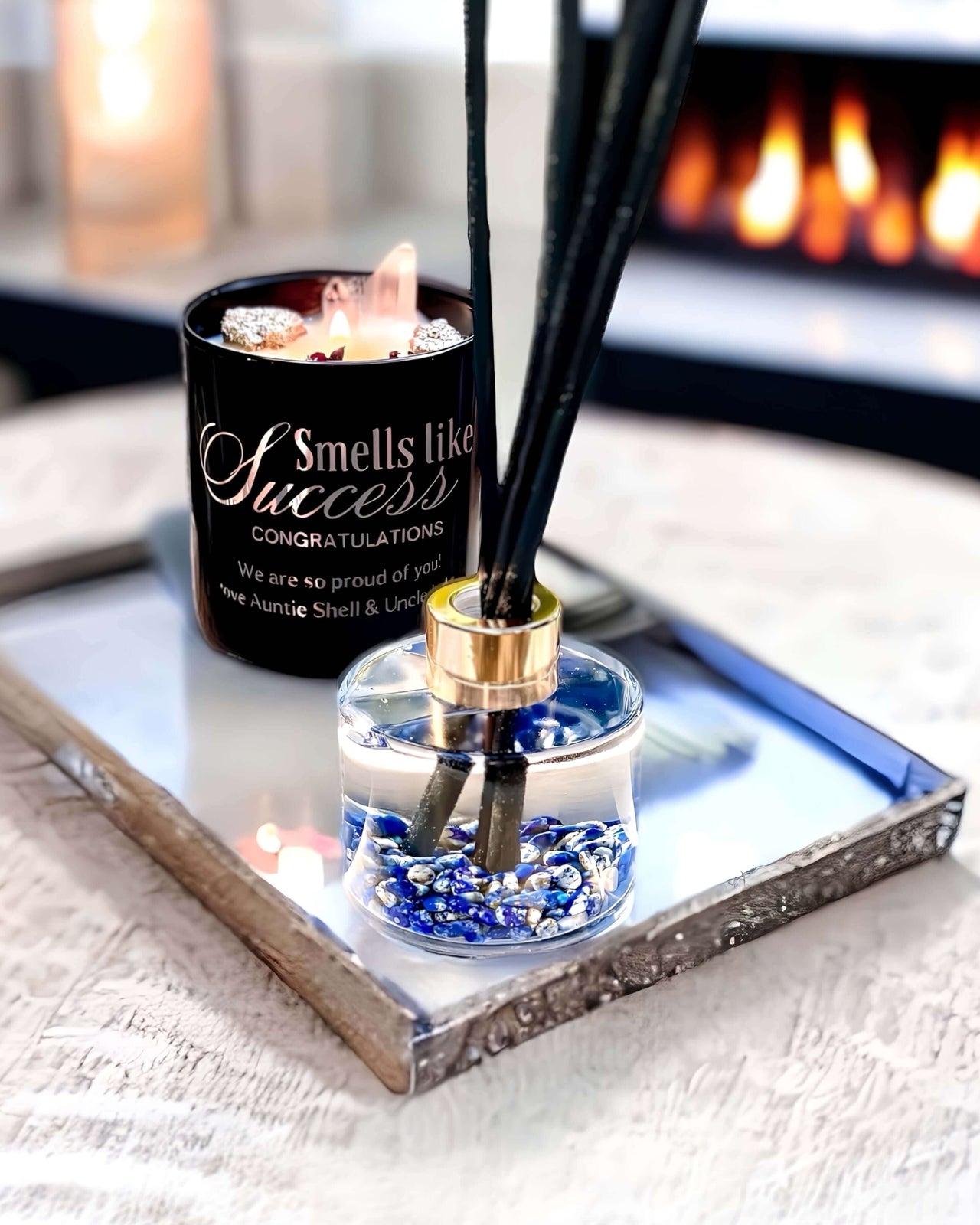 Smells like success custom pyrite and lapis lazuli crystal candle gift set.