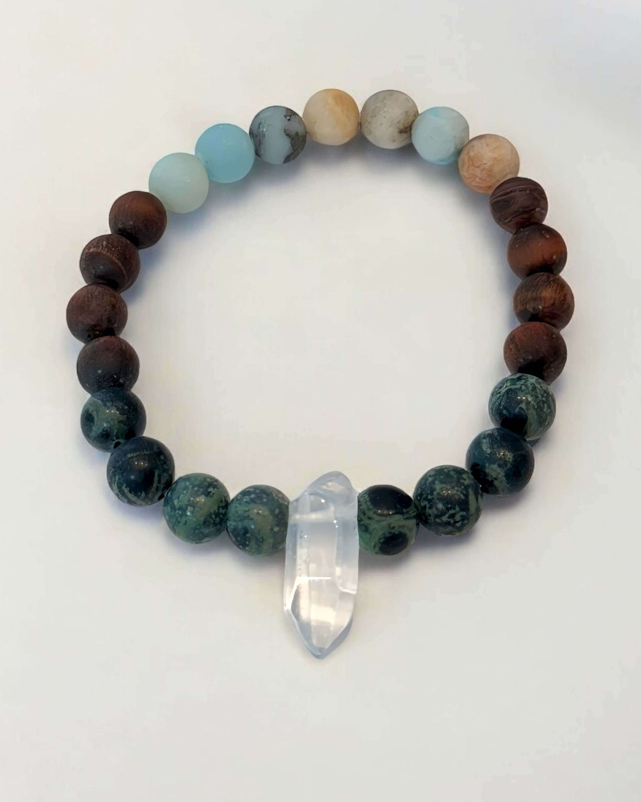 Clear Quartz, Amazonite, Kambaba Jasper, and Red Tigers Eye Bracelet.