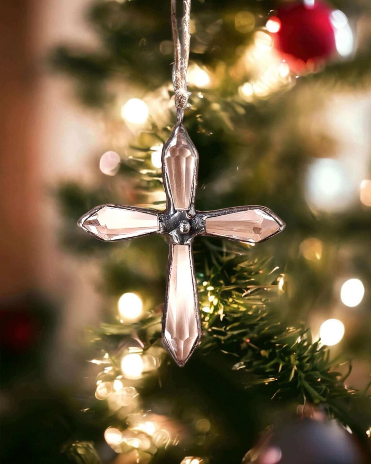 Vintage Style Christmas Ornament. Solid Faceted Cross.