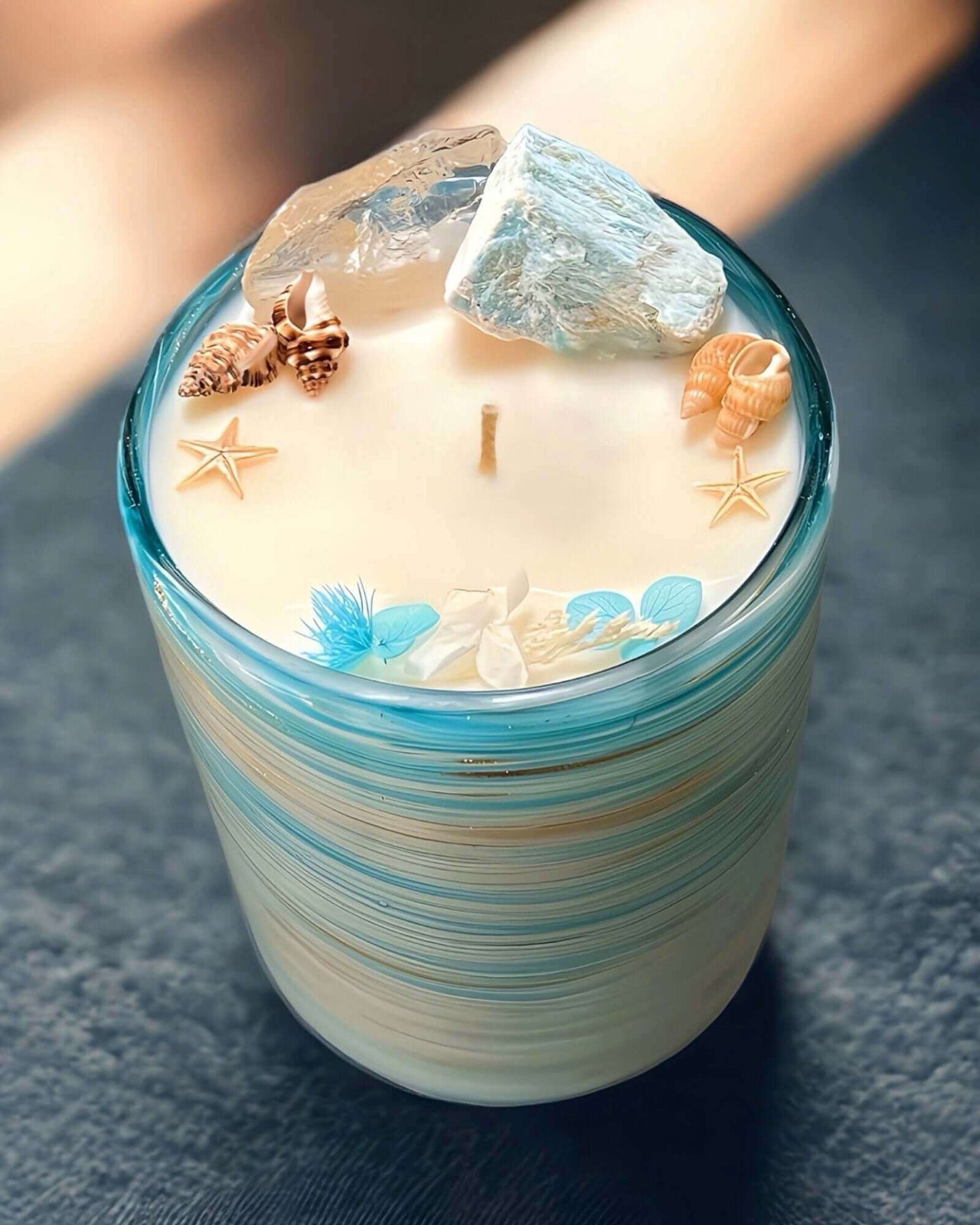 Bring coastal serenity home with the Coastal Tides Amazonite Candle