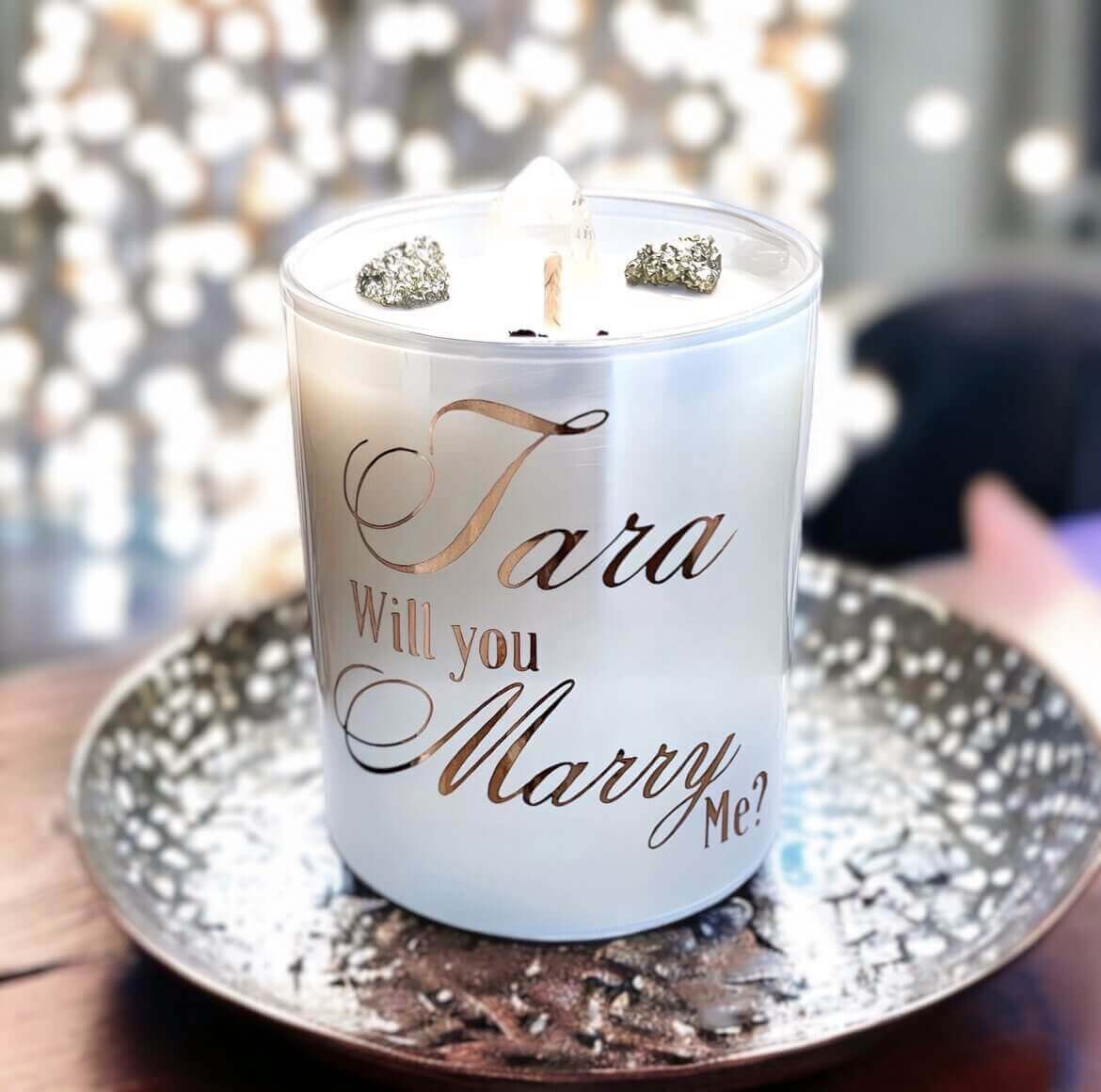 Elevate your proposal with Custom Proposal Candles. Personalized with Pyrite and Quartz