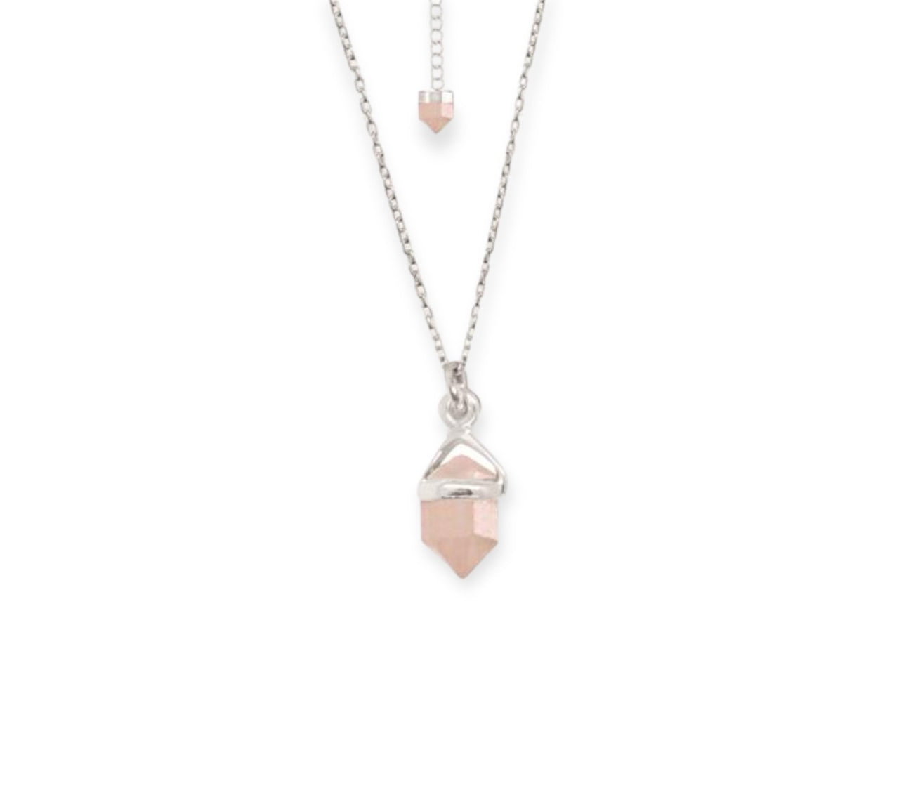 Elegant Rose Quartz Silver Necklace, a perfect blend of bohemian style and luxury. Double Pencil Point