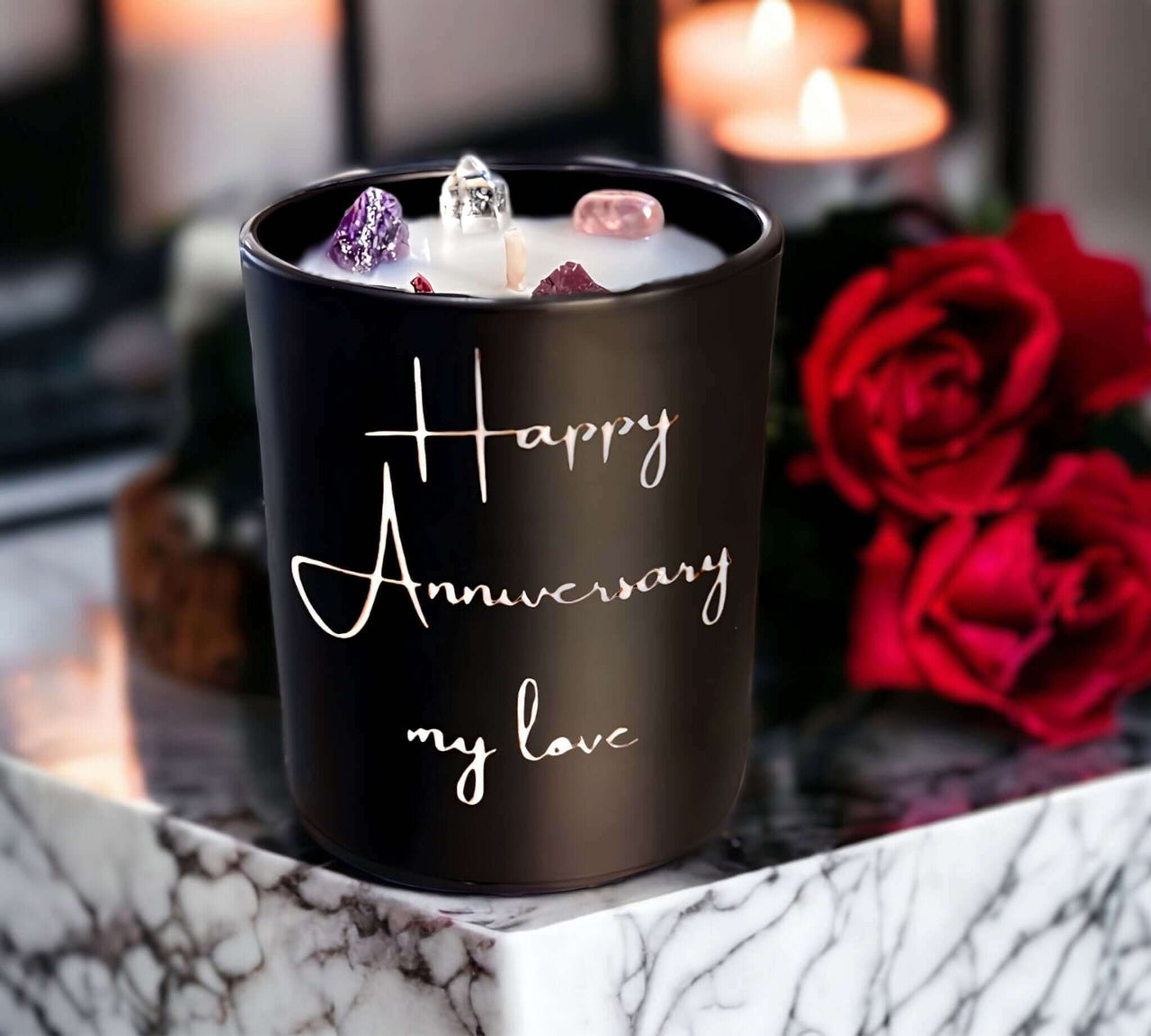 Mark your special day with our Custom Anniversary Candle in Rose Quartz. Handcrafted and personalised