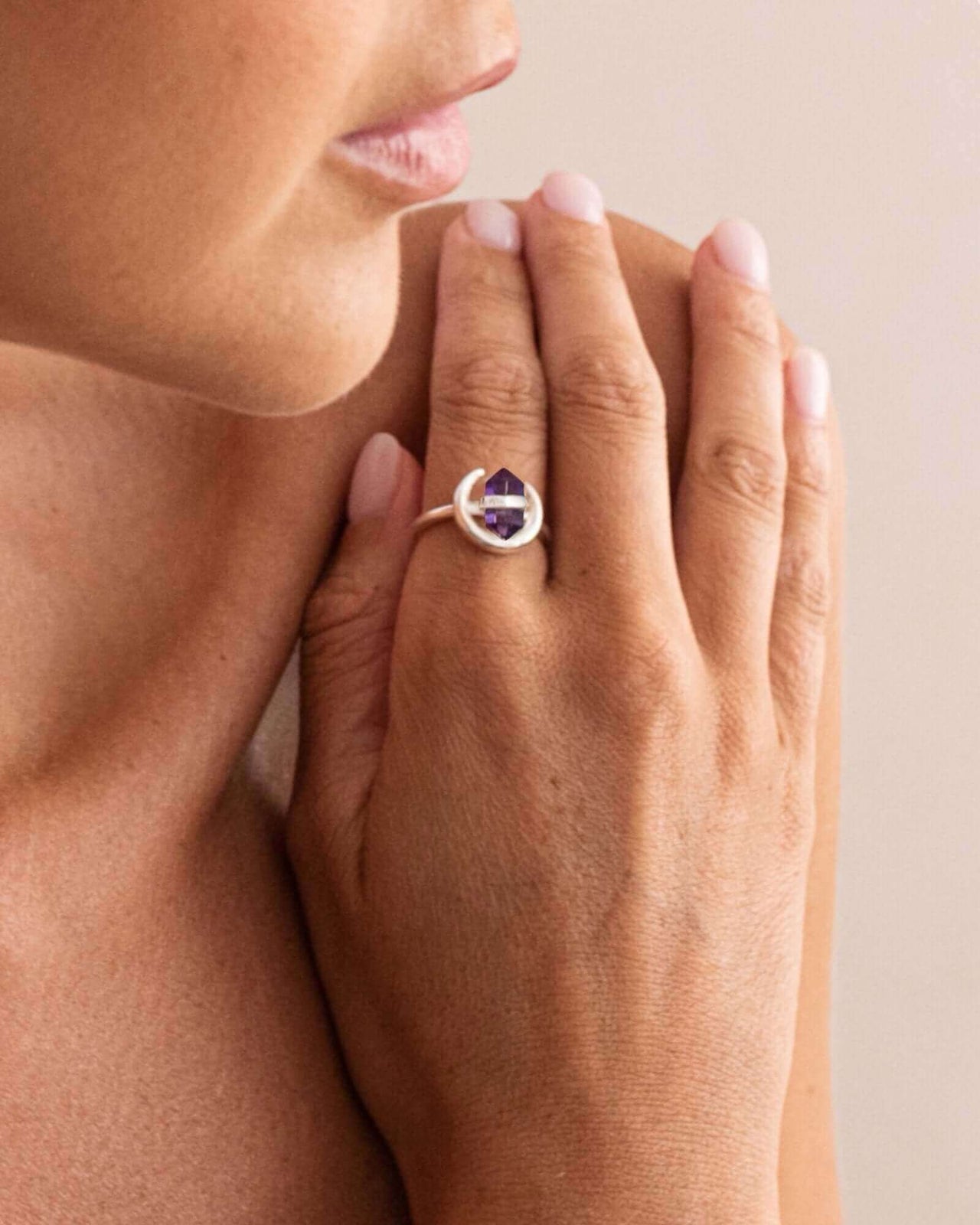 Amethyst Moon Silver Ring - Bohemian Amethyst Jewelry