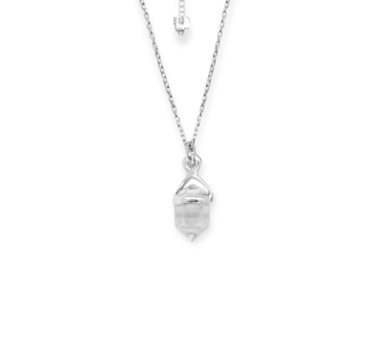 Discover the Clear Quartz Silver Necklace, a stunning piece of bohemian elegance. Double Pencil Point Clear Quartz for a sophisticated style. $79.95