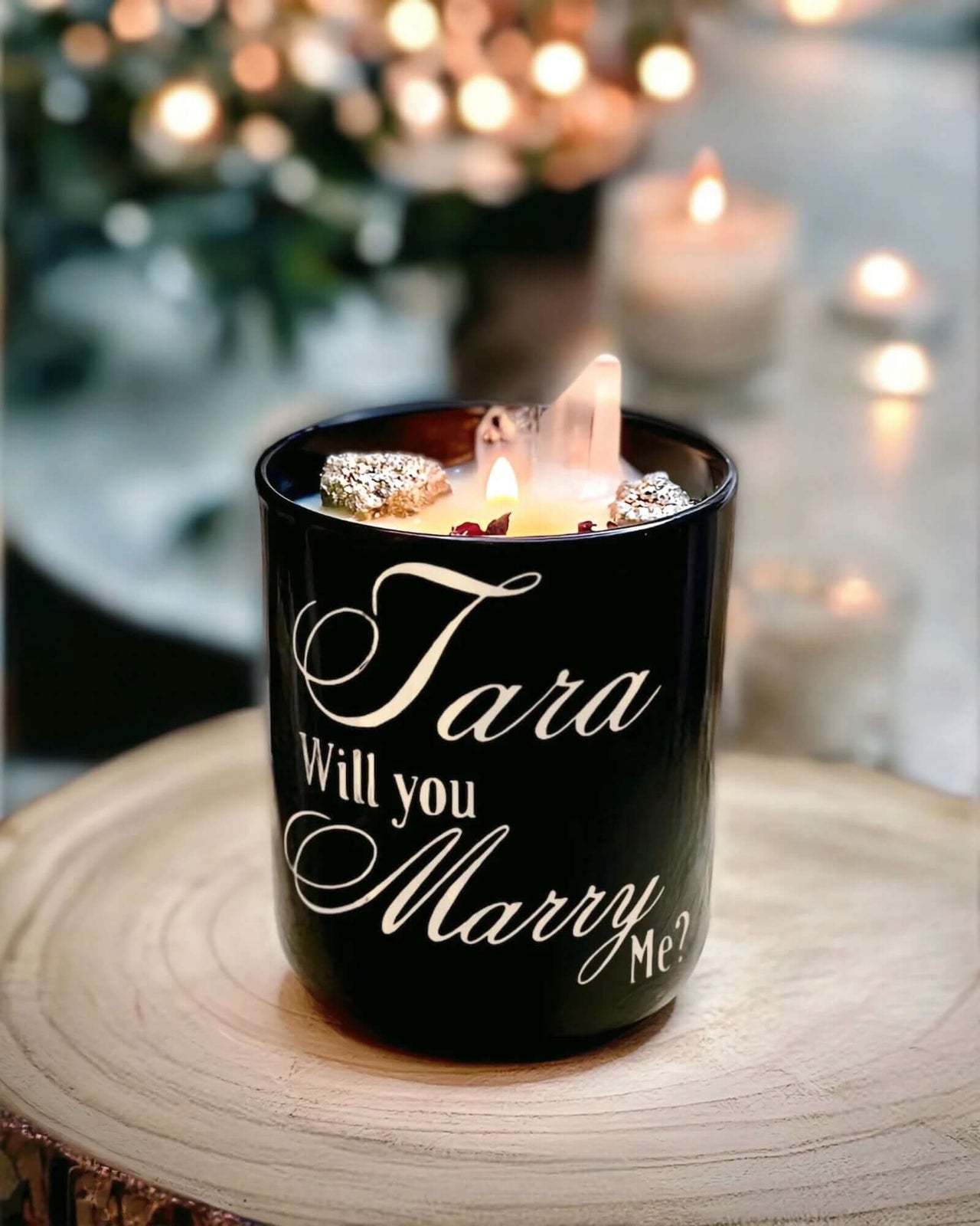 Elevate your proposal with Custom Proposal Candles. Personalized with Pyrite and Quartz, these candles create unforgettable engagement moments. $69.00