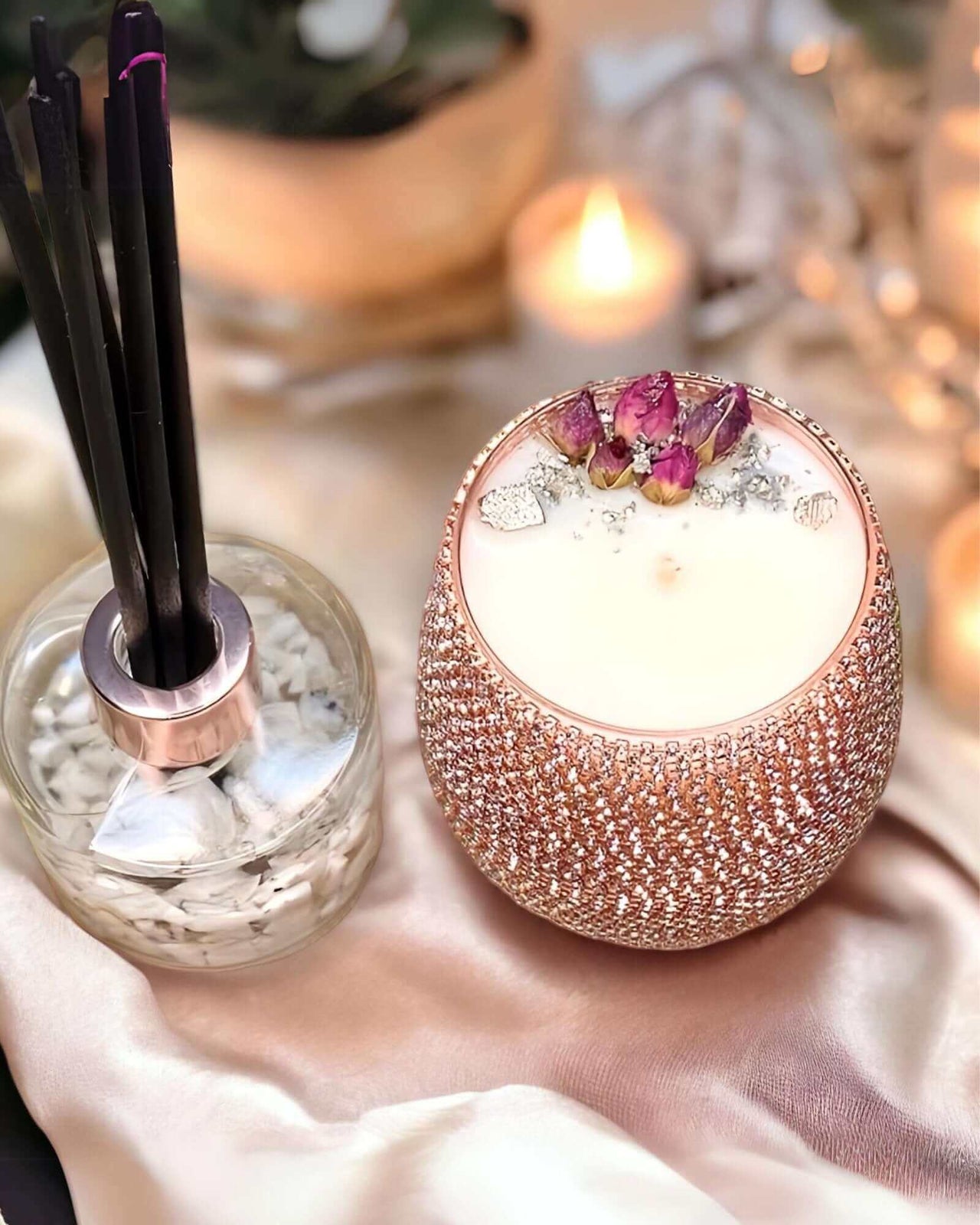 Bling Candle Set - Moonstone Aroma Kit Discover the Beautiful Bling Gift Set with Pyrite & Moonstone. An elegant home fragrance kit for a luxurious and aromatic experience. $97.00