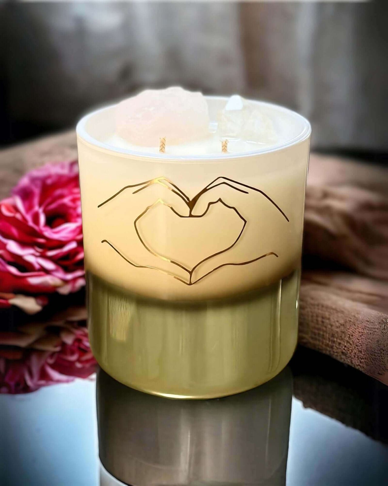 Gold Heart Sign Candle | Rose Quartz and Clear Quartz - Enchanting Aromas A$69.00 elegance