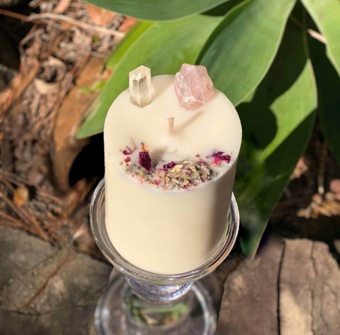 Rose Quartz infused pillar candle