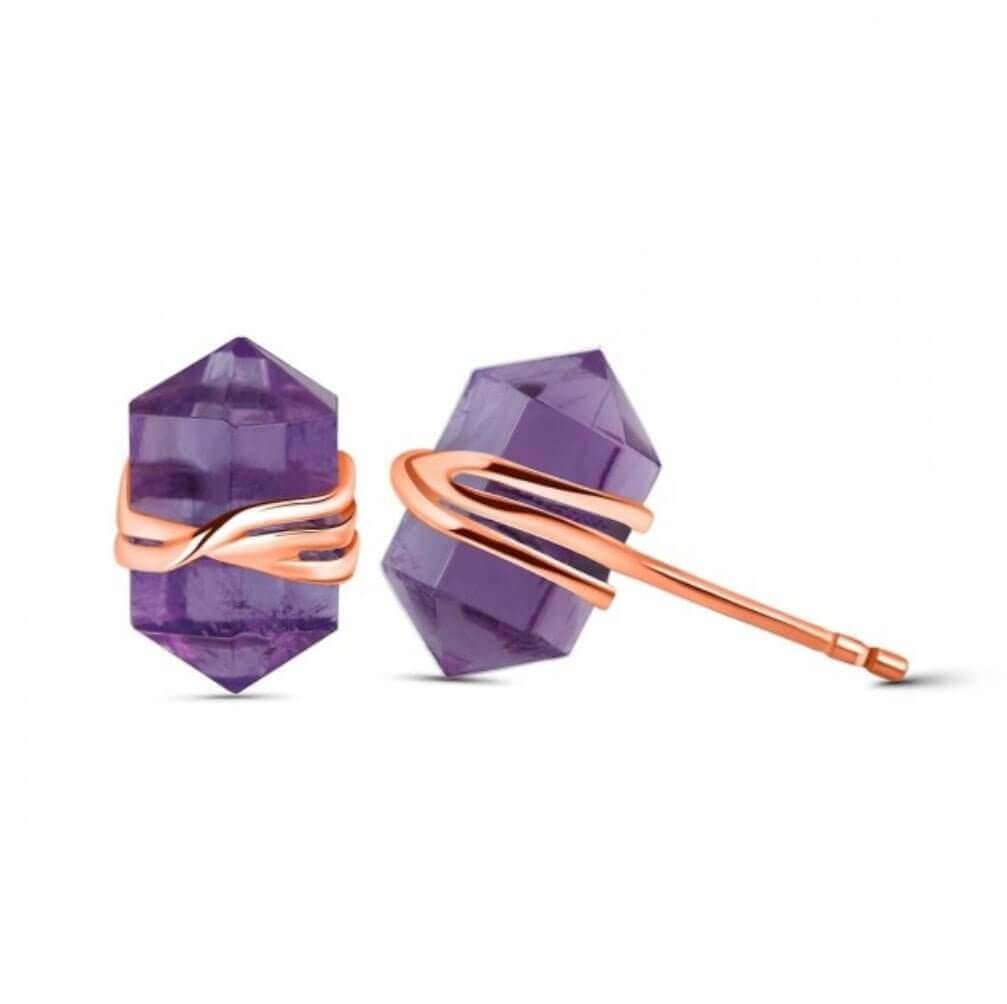 Rose Gold Amethyst Sterling Silver Stud Earrings | Pencil Cut