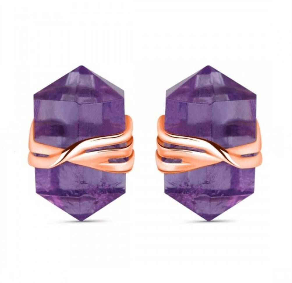 Rose Gold Amethyst Sterling Silver Stud Earrings | Pencil Cut