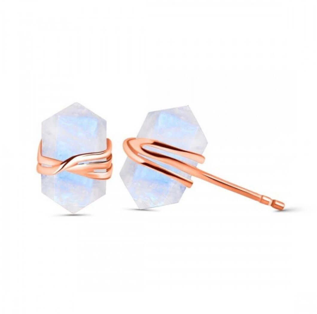 Rose Gold Moonstone Sterling Silver Stud Earrings | Pencil Cut