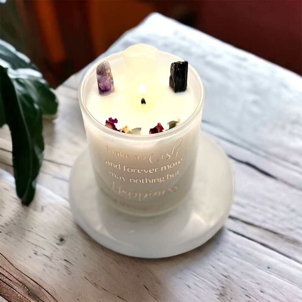 Housewarming Candle - Selenite, Black Tourmaline and Amethyst InfusionCrystal housewarming candle