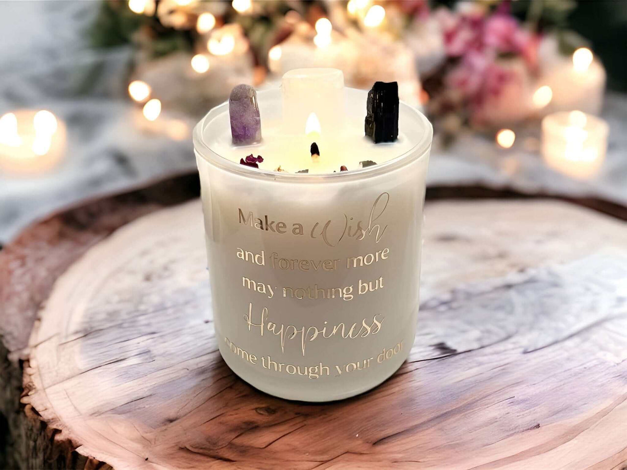 Happy Wishes Crystal Candle - Selenite, Black Tourmaline and Amethyst InfusionCrystal housewarming candle