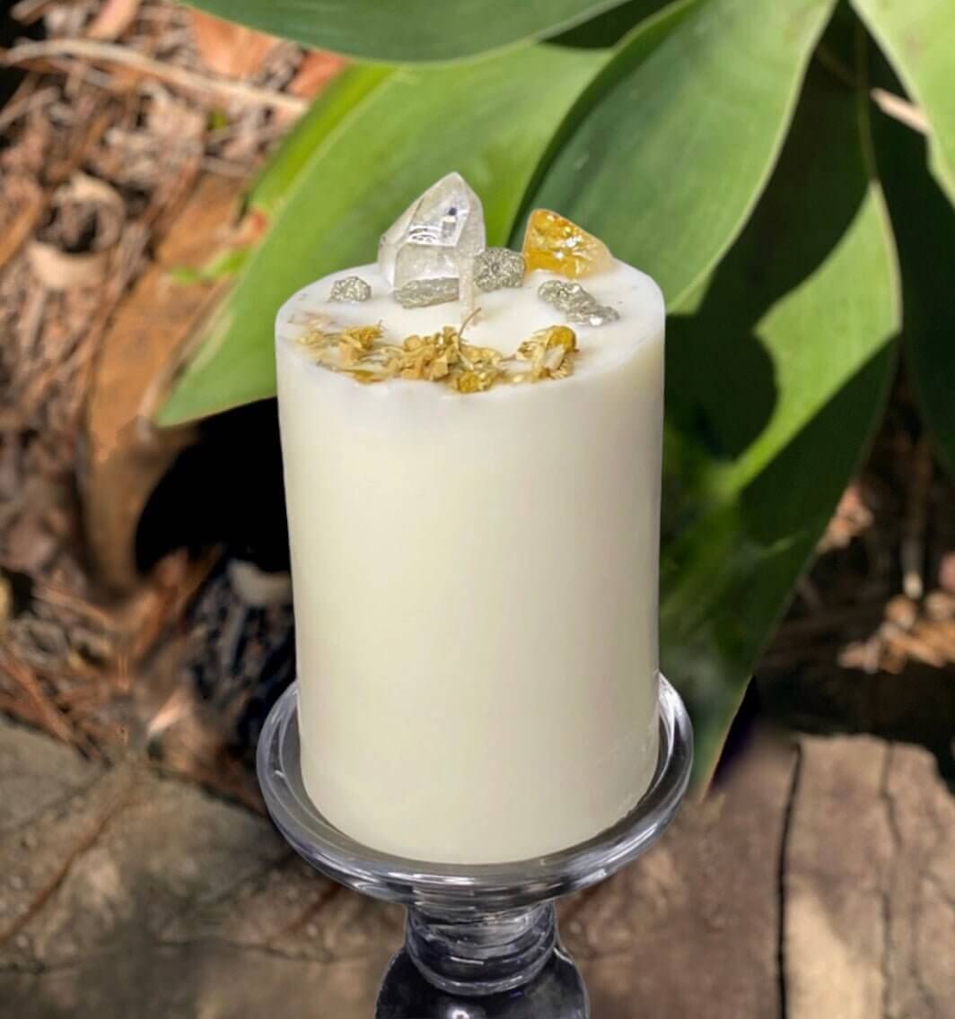 Experience the warmth of our Citrine Infused Pillar Candle, bringing sunshine and positivity into your space with Natural Soy Wax. $49.00