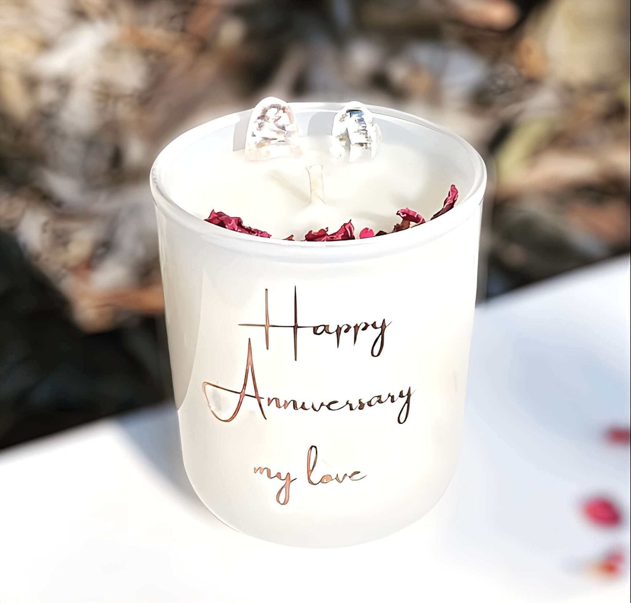 Mark your special day with our Custom Anniversary Candle in Rose Quartz. Handcrafted and personalized, it's the perfect addition to your anniversary. $69.00