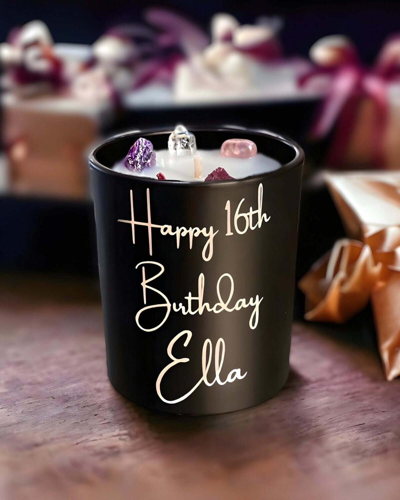 Personalised Birthday Candle with Rose Quartz, Amethyst and Clear Quartz - Enchanting Aromas